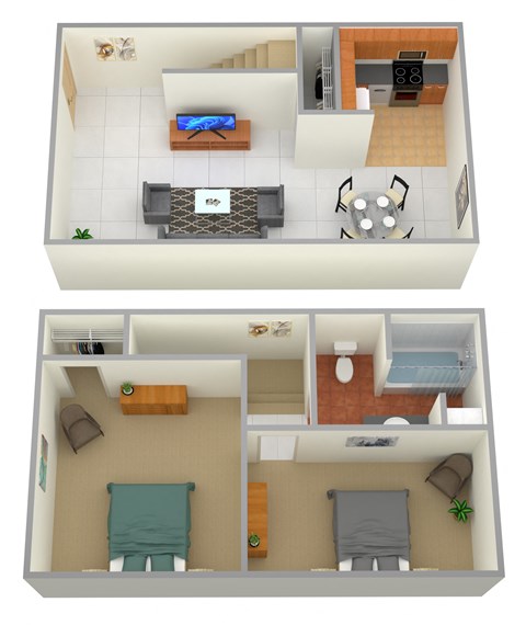 A top and bottom view of a small apartment with a living room, kitchen, and bedroom.